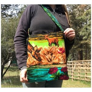 Handmade Grazing Deer Vintage Tapestry Shoulder Tote Bag
